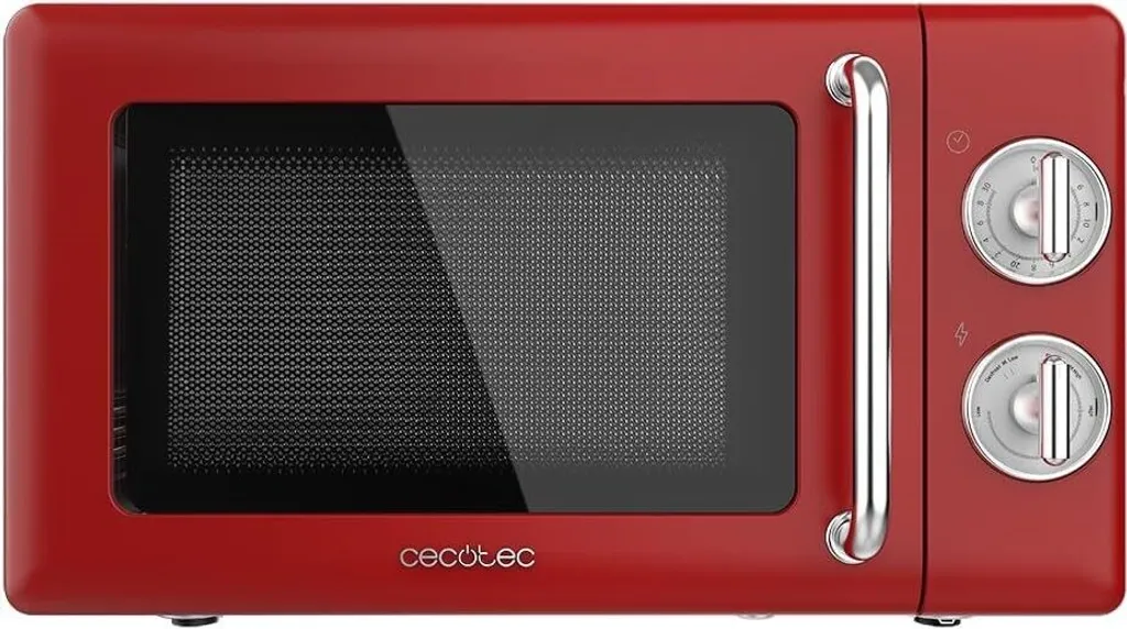 Cecotec Proclean 3010 Mechanical Microwave, 20 l, Retro, 700 W, 6 Power Levels, Timer up to 30 Minutes, Defrost Mode, Vintage Design in Red, Steel Finish