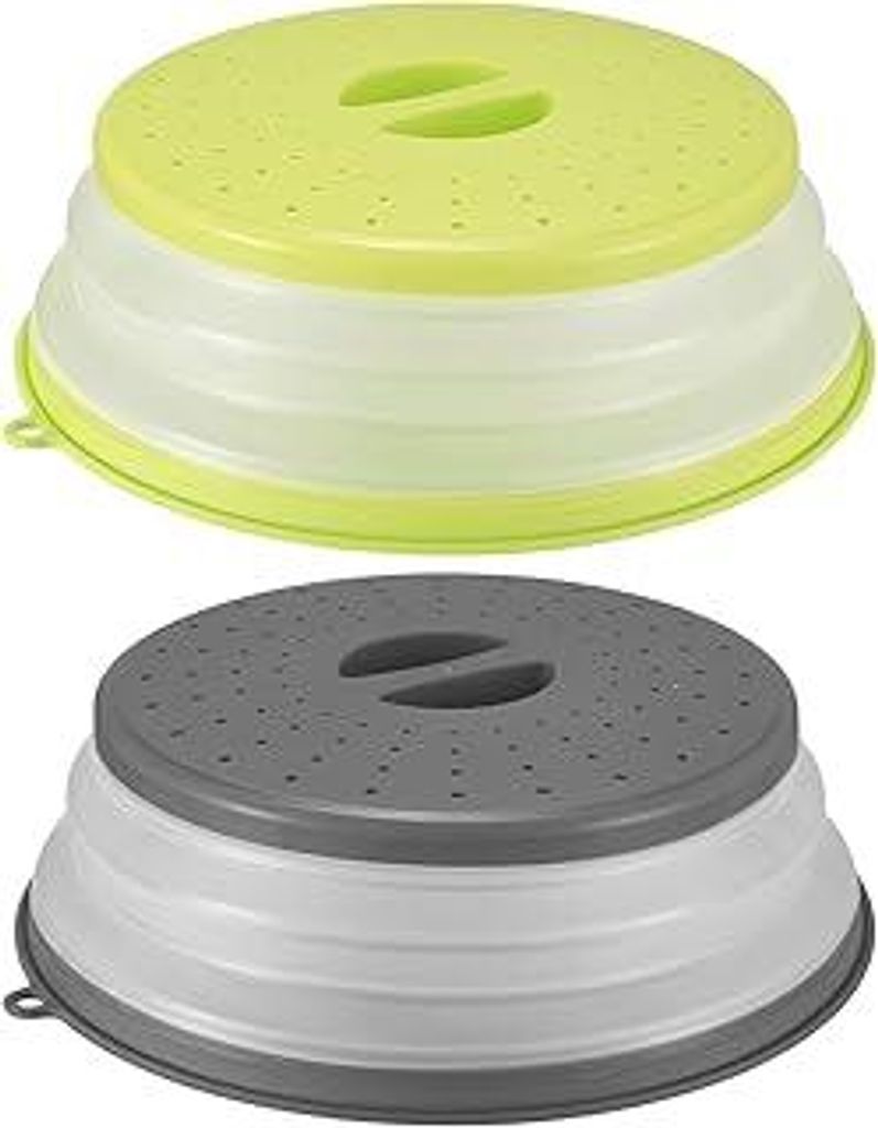 Akhan Microwave Cover, 2-Pack Foldable Microwave Cover, Microwave Lid with Hooks 26.5cm for Microwave Ovens, Prevents Splashing of Fruit and Vegetables, Filter Basket, Fruit Filter Basket