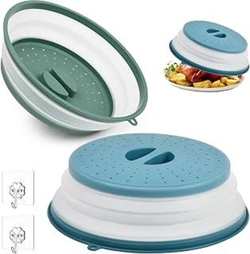 Akhan Foldable Microwave Cover, 2-Pack, Microwave Lid Cover, 26.5cm, Blue+Green, Microwave Cover with Hooks for Fruit and Vegetables, BPA-Free