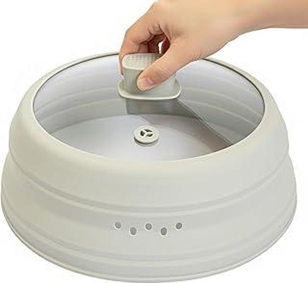 Akhan Microwave splatter guard, glass, microwave cover for food, collapsible splatter guard lid with silicone handle for pots, plates, bowls, 24.8 cm