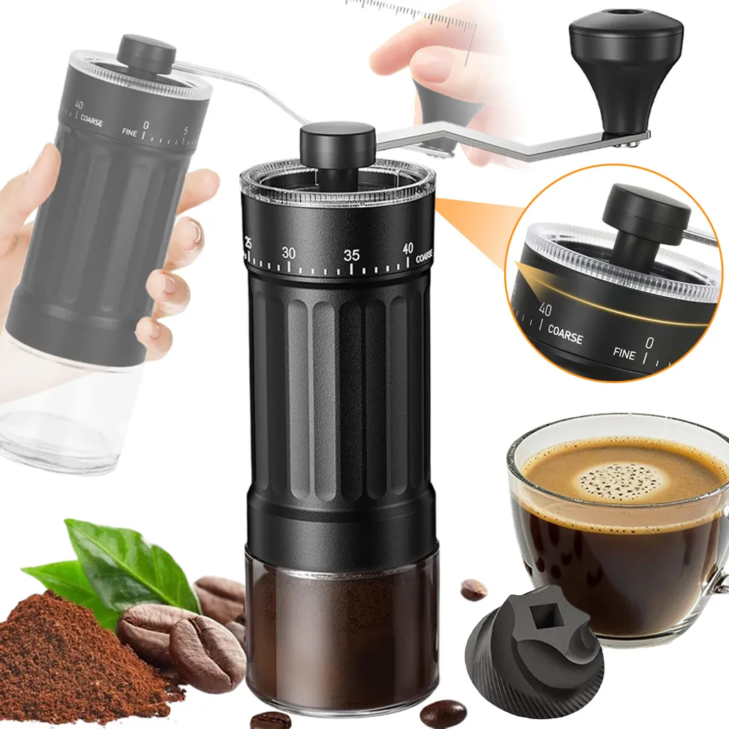Fokelyi Mini hand coffee grinder with 40 grind settings, portable coffee bean grinder with 30g capacity, conical burr grinder with crank for travel, camping, office, espresso, filter coffee, etc.
