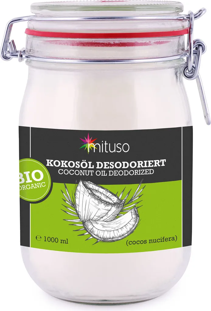 Ingo Steyer GmbH & Co. KG mituso Deodorized Coconut Oil 1000 ml | Neutral taste - ideal for frying, baking, and deep-frying | Vegan, additive-free - versatile for skin and hair | In a wire-bail glass jar 1000 ml