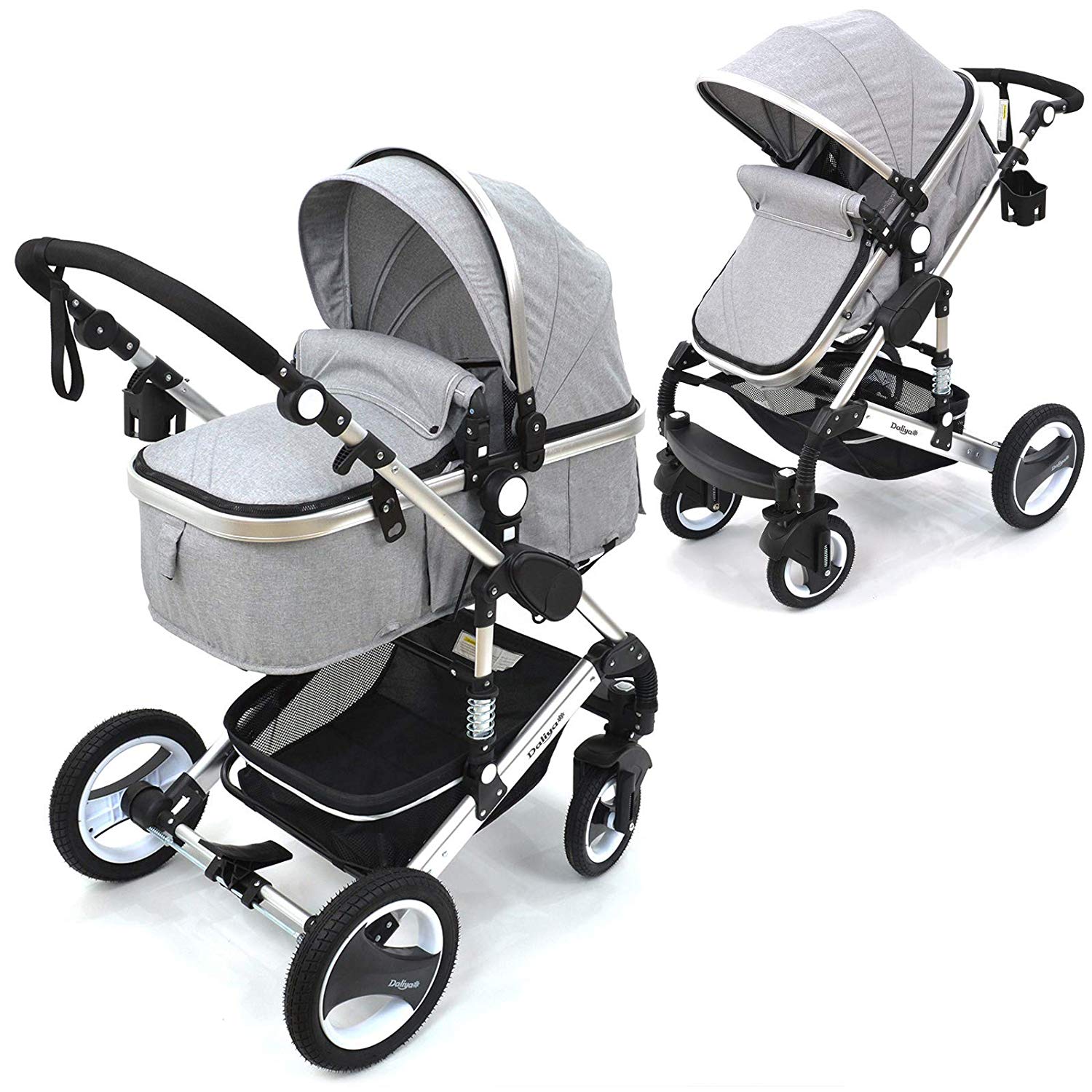 Daliya Combi pram 2-in-1 Bambimo with aluminium frame in many different colours – click system – all 4 wheels to remove – with extra large shopping basket – 2 in 1 sports seat – baby bath space saving xl