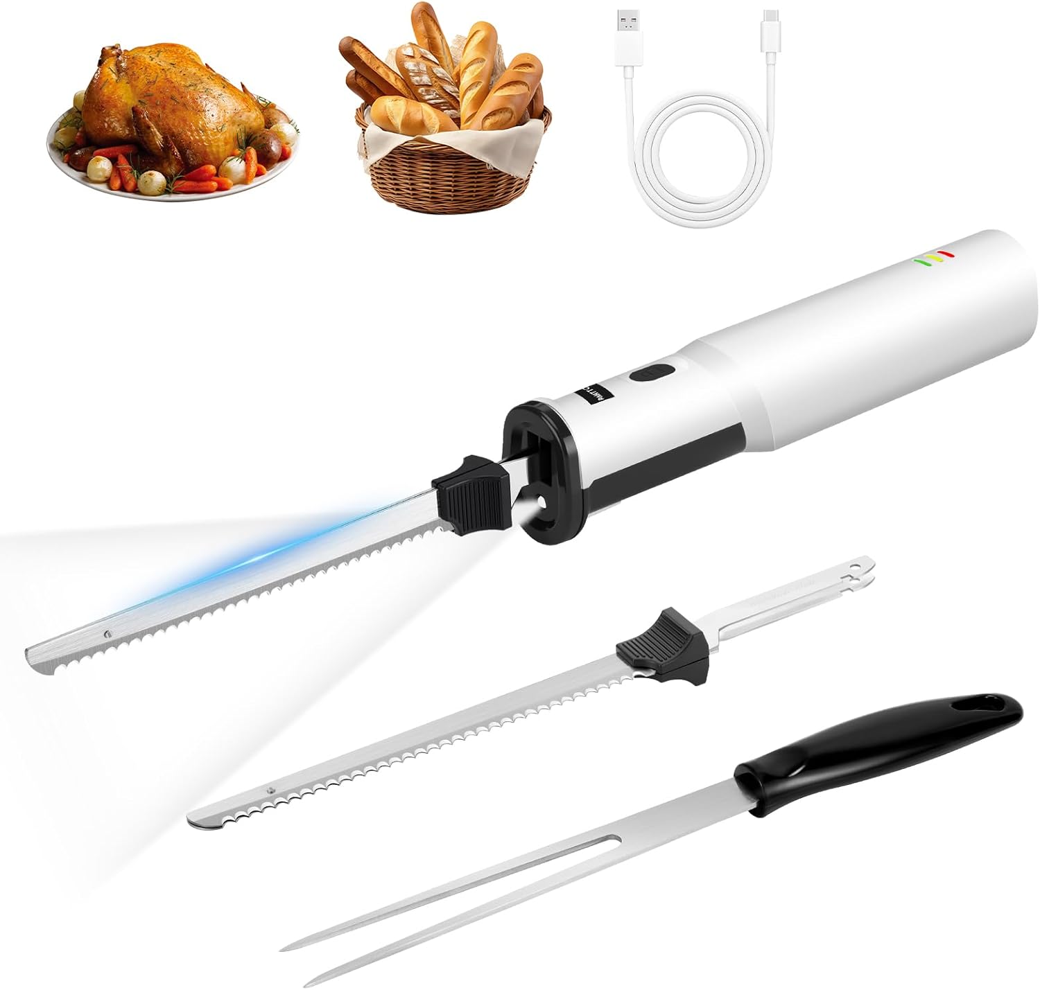 Cordless Electric Knife Electric Kitchen Knife with 2 Sharp Stainless Steel Blades and Fork Safety Lock for Cutting Turkey Meat Bread Vegetables Fruit Fish