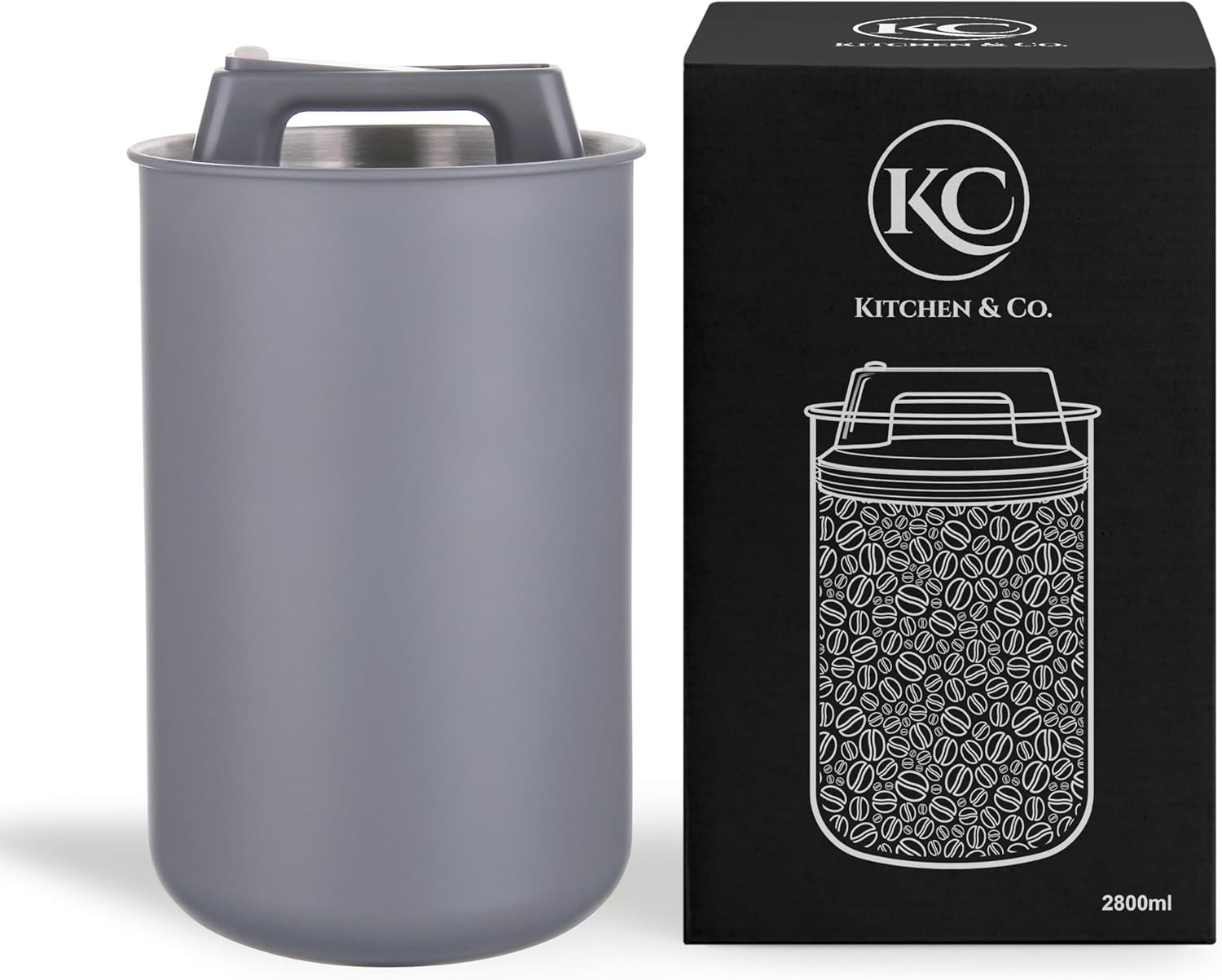 KC Kitchen & Co. Airtight Coffee Canister for 1 kg Coffee Beans with Vacuum Lid (Container for Coffee, Tea, Stainless Steel Container for Storage with Aroma Closure, Storage Jar for 1000 g Coffee) Gray (2800 ml)
