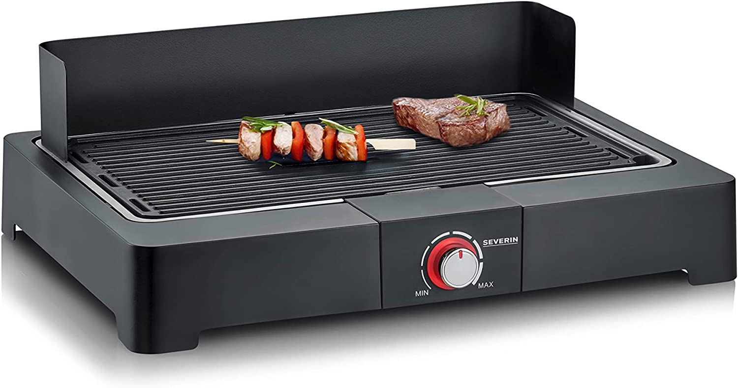 Severin PG 8567 Table Grill with Aluminum Grill Plate for Indoor and Outdoor Use, Electric Grill with Quick Grill Start, Balcony Grill Without Risk of Burning, Black