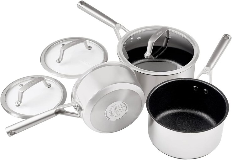 Ninja ZEROSTICK C63000UK Stainless Steel Saucepan Set with Glass Lids, Durable, Non-Stick (16, 18 and 20 cm), Induction Compatible, Oven Safe up to 260 °C, 3-Piece
