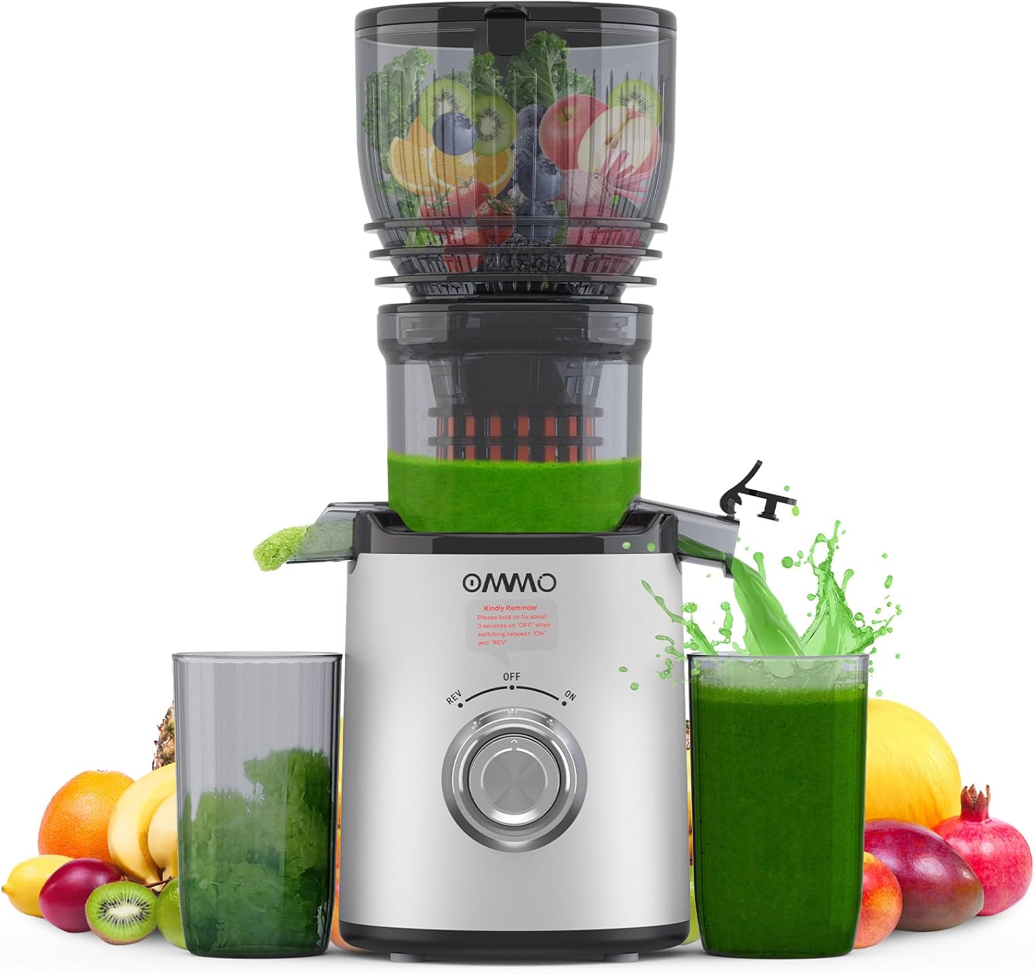 OMMO Slow Juicer, 300 W Juicer, Vegetable and Fruit Test Winner with 148 mm Width and Larger Feeding Tube, Easy to Clean Electric Juicer with 2 PC Cups, BPA-Free, Silver