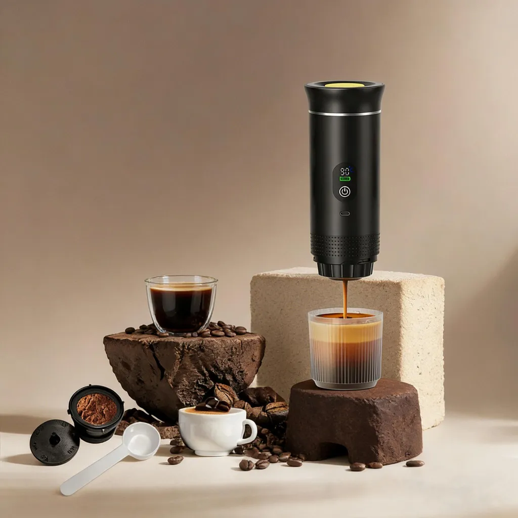 MODFU Coffee Capsule Machine, Mobile Capsule Coffee Machine with LED Display, Espresso, Cappuccino Quick Preparation, Ideal for Home, Office & On the Go, Black