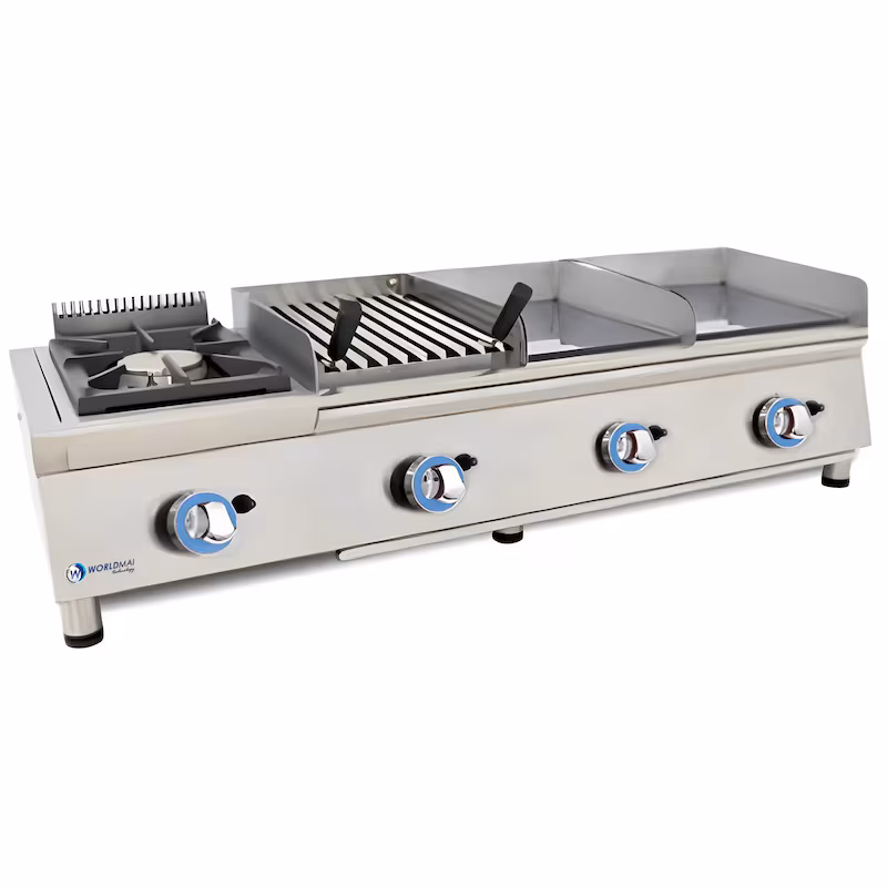 Modular gas cooking station LUX WORLDMAI with burner, 2 griddle plates and Basque grill. Stainless steel tabletop unit for bars, restaurants and catering establishments.