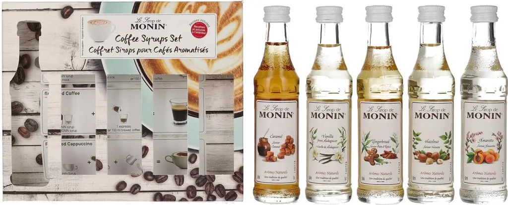 Monin Syrup Set, Dessert Syrup, Amaretto, Caramel, Ginger, Hazelnut, Vanilla, 250 ml, Bottle