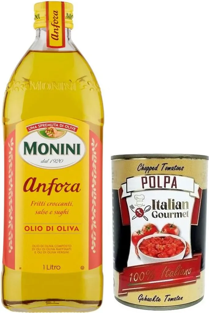 Monini Anfora Olive Oil, ideal for crispy fried foods, sauces and gravies, 1L jar + Italian Gourmet Tomato Polpa 400g can 1400 ml