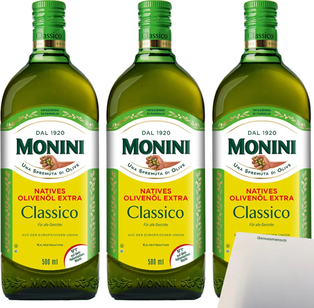 Monini Classico Extra Virgin Olive Oil 3-pack (3 x 500ml bottles) + usy Block 1500 ml