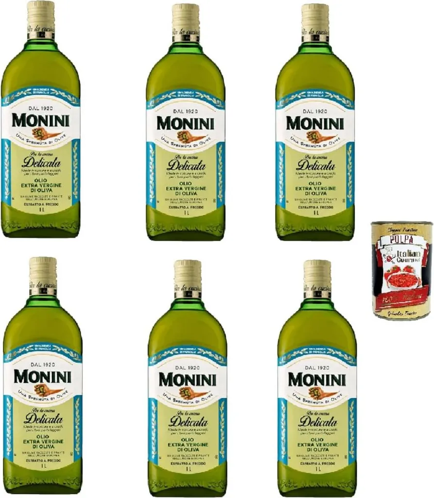 Lutz Monini Delicata Extra Virgin Olive Oil 6 x 1 L – mild & balanced, cold extracted, 100% Italian olives – ideal for cooking & salads – family supply – + Italian Gourmet olive oil 6000 ml