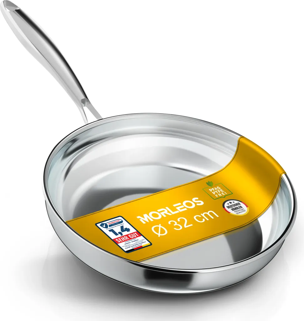 MUVELL Morleos Stainless Steel Frying Pan 32cm Uncoated | 5-Layer - 3mm - 1.67 kg | Stainless Steel Frying Pan for Induction Cooktops | Dishwasher and Oven Safe up to 400°C | High-Quality Professional Quality