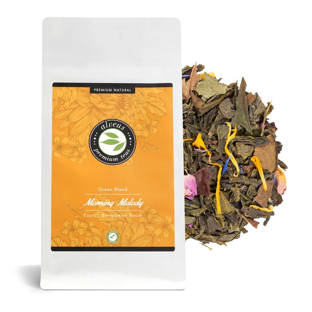 Lutz "Morning Melody" Loose Green Tea with Mango, Orange, and Bergamot Flavor, Flavored Tea Blend (approx. 40 cups) 100 gram bag from alveus Premium T 100g
