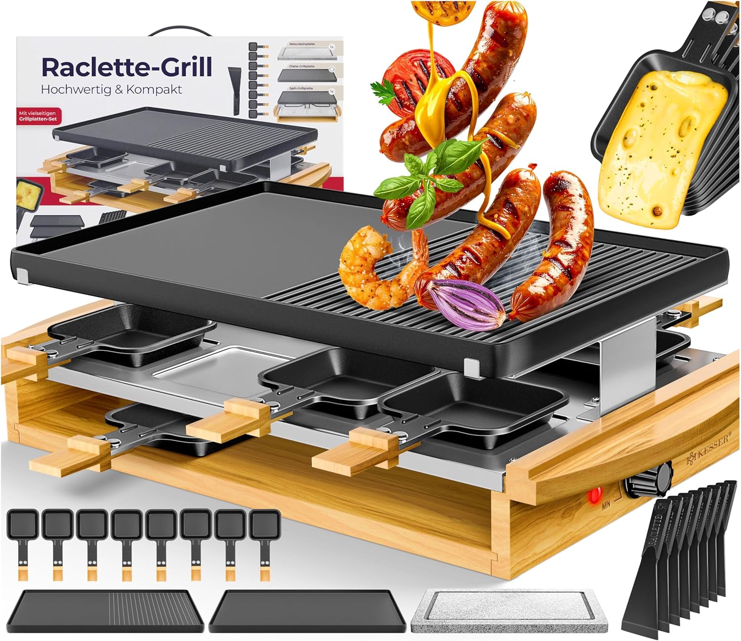 KESSER® Raclette Grill with Natural Grill Stone, Grill Plate, Table Grill for 8 People, Electric Grill, Raclette Grill, Non-Stick Grill Plate, 8 Pans and Wooden Spatula, 1200 W