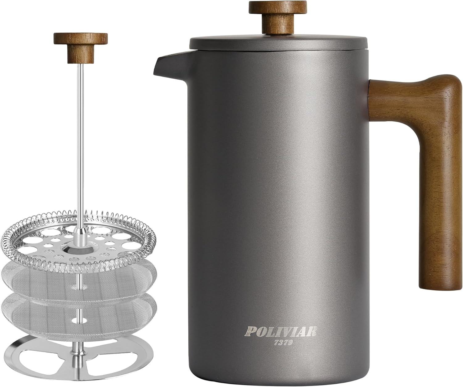 Poliviar French Press Coffee Maker 1 Liter / 8 Cups, Double-Walled Insulated Coffee Pot and Tea Maker, Hand Filter Coffee Press with Plunger and Wooden Handle, Cliff (Grey) JX2020-FPY-DE