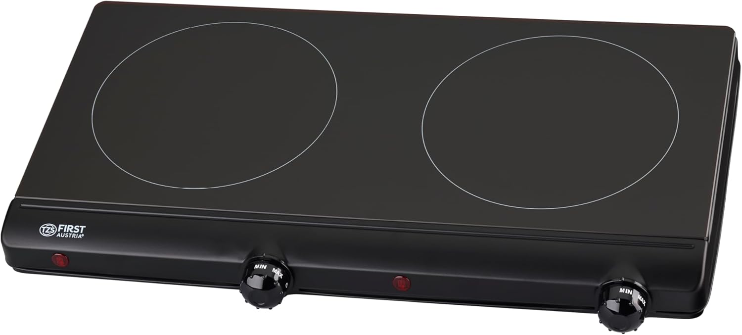 TZS First Austria Infrared Ceramic Hob Double | All Types of Pot | Double hob 15 cm | Hob for Moving, Camping, Holiday Home - Quick Heating & Continuous Adjustment