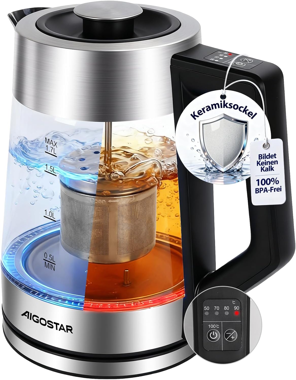 Aigostar Kettle with Temperature Setting Stainless Steel Glass 1.7 Liters, Ceramic Coating, Lime-Free Tea Machine, 2200 W Fast Cooking, Keep Warm Function, BPA-Free, for Home, Office and Parties