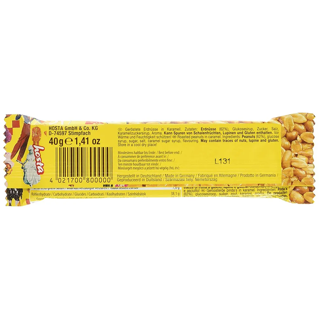 HOSTA Werk für Schokolade-Spezialitäten GmbH&Co.KG Mr Tom peanut bars made with roasted peanuts and caramel 40g
