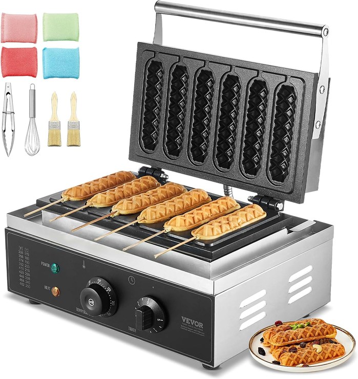 VEVOR Commercial Waffle Iron Waffle Maker 6 Pieces 1500W Non-Stick Stainless Steel Waffle Iron for Corn Hot Dogs with Temperature and Time Control for Restaurant Bakery Snack Bar Family