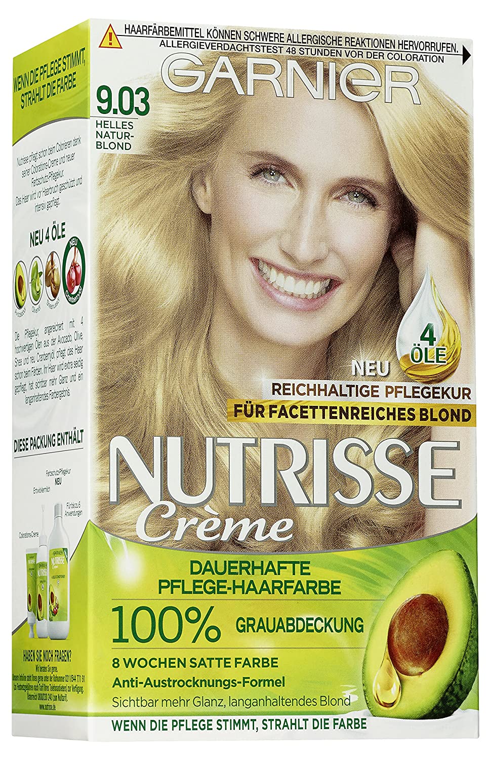 Garnier Intensive Cream Colour, Grey Coverage, Anti-Drying for Shiny Hair, with 3 Nourishing Oils, Nutrisse, 9.03 Light Natural Blonde, 1 Pack, 3 x 1 Piece, natur-blond ‎helles