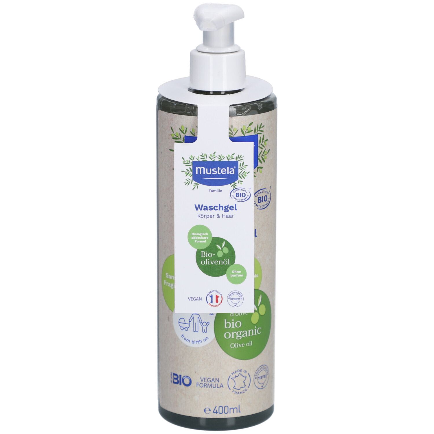 Mustela® body and hair wash gel certified organic 400 ml