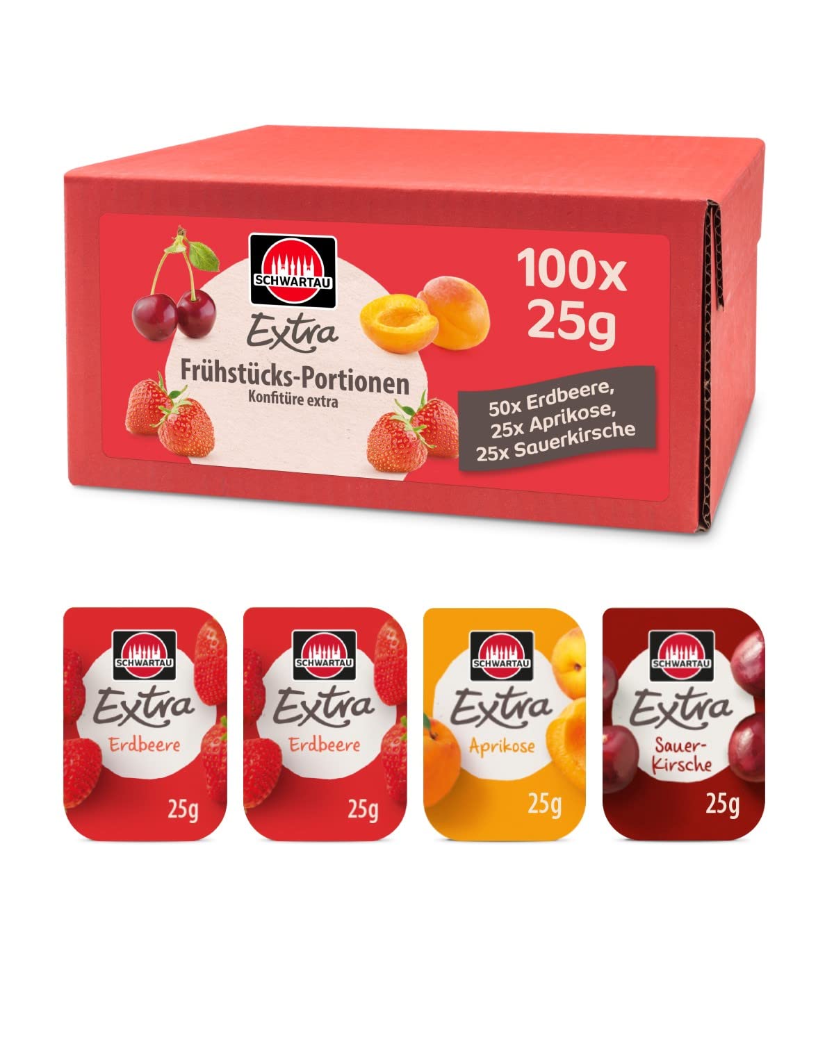 Schwartau Extra Portion Mix Box, Jam Portion Bowls (50 x Strawberry, 25 x Apricot, 25 x Sour Cherry), Bulk Pack, 100 x 25 g