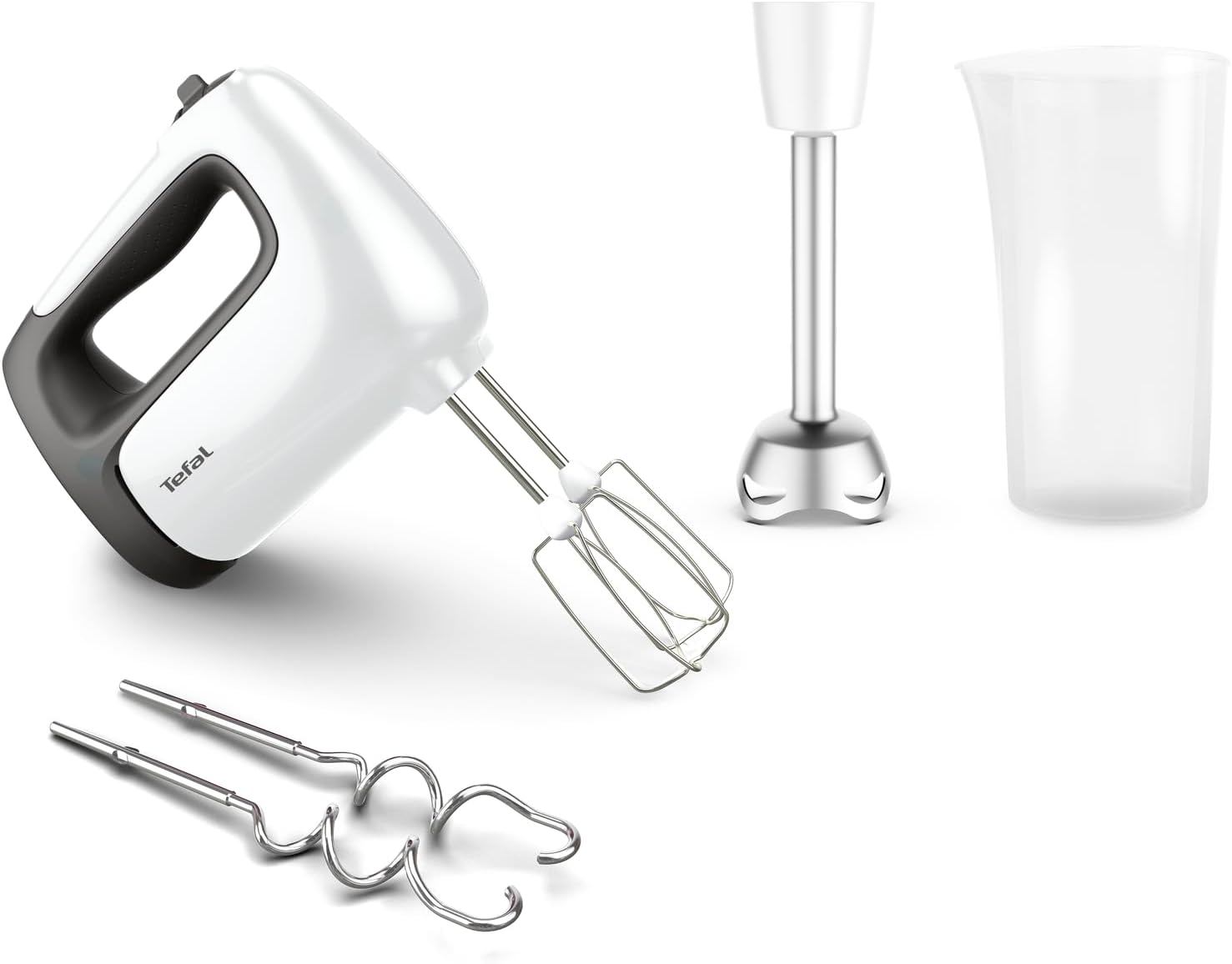 Tefal Prep\'Mix HT462138 Hand Mixer with Purée Stick, Ideal for Light and Tough Preparations, Powerful 500 W Motor, 5 Speeds, Turbo Function, Purée Rod Attachment, White/Grey