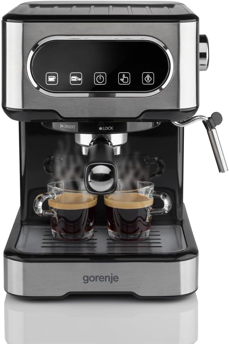 Gorenje ESCM 15 DBK Espresso Portafilter Machine/Espresso Machine with Professional Milk Foam Nozzle/1.5 L Water Tank/15 Bar/Stainless Steel, Silver/Black