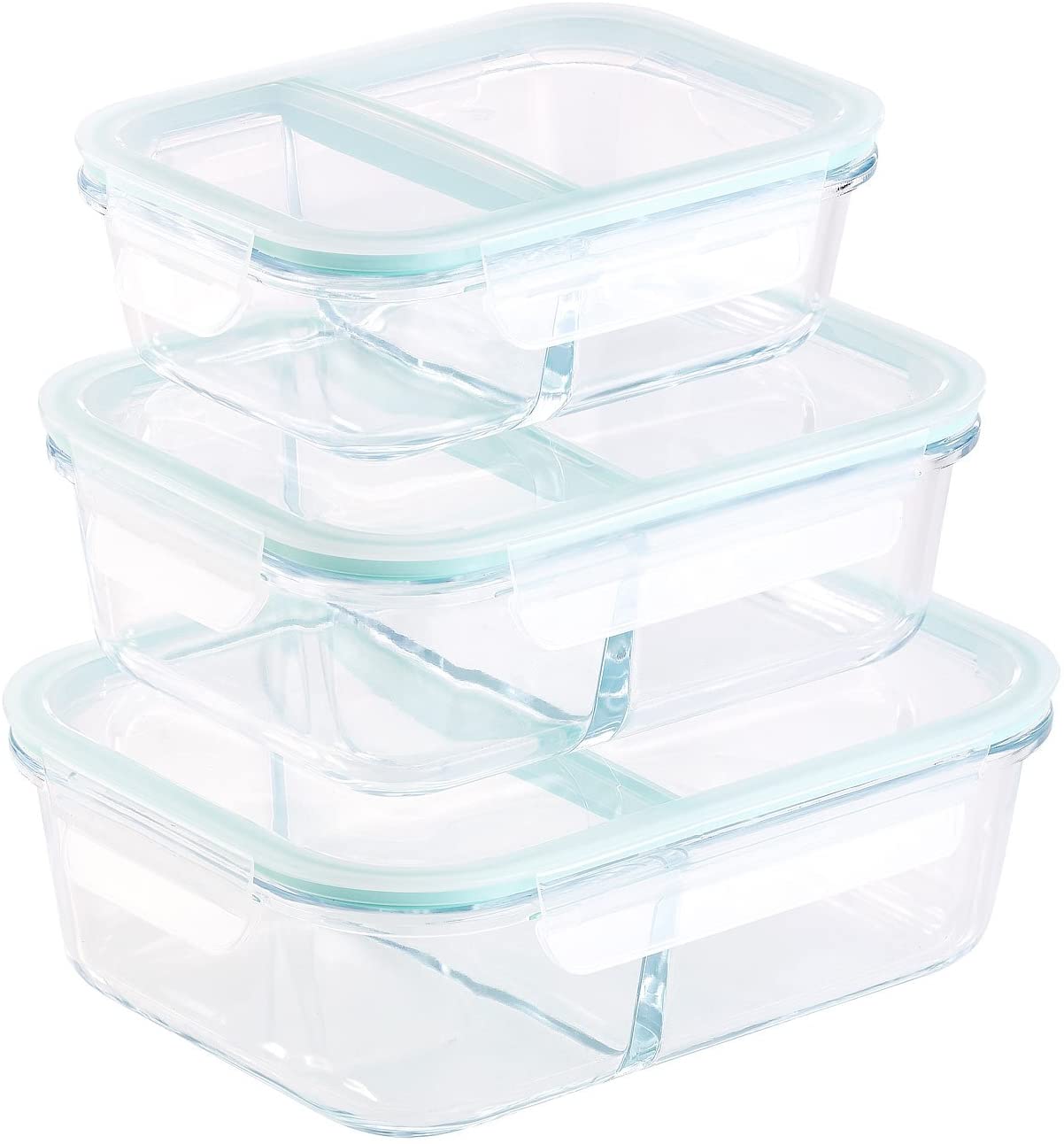 Rosenstein & Söhne Glass bowl with lid: set of 3 glass food storage containers, click lid, 2 chambers, -40 to 450 °C (glass bowls with lid)