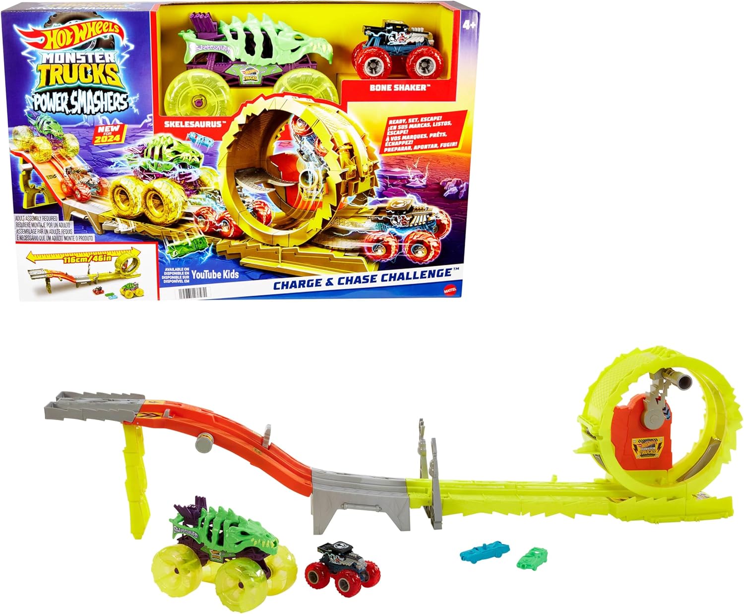 Hot Wheels Monster Trucks Track Set with 2 Toy Trucks: Extra Large Skesaurus and 1 Bone Shaker in 1:64 Scale Race & Chase Challenge with 2 Crushed Cars HYT07