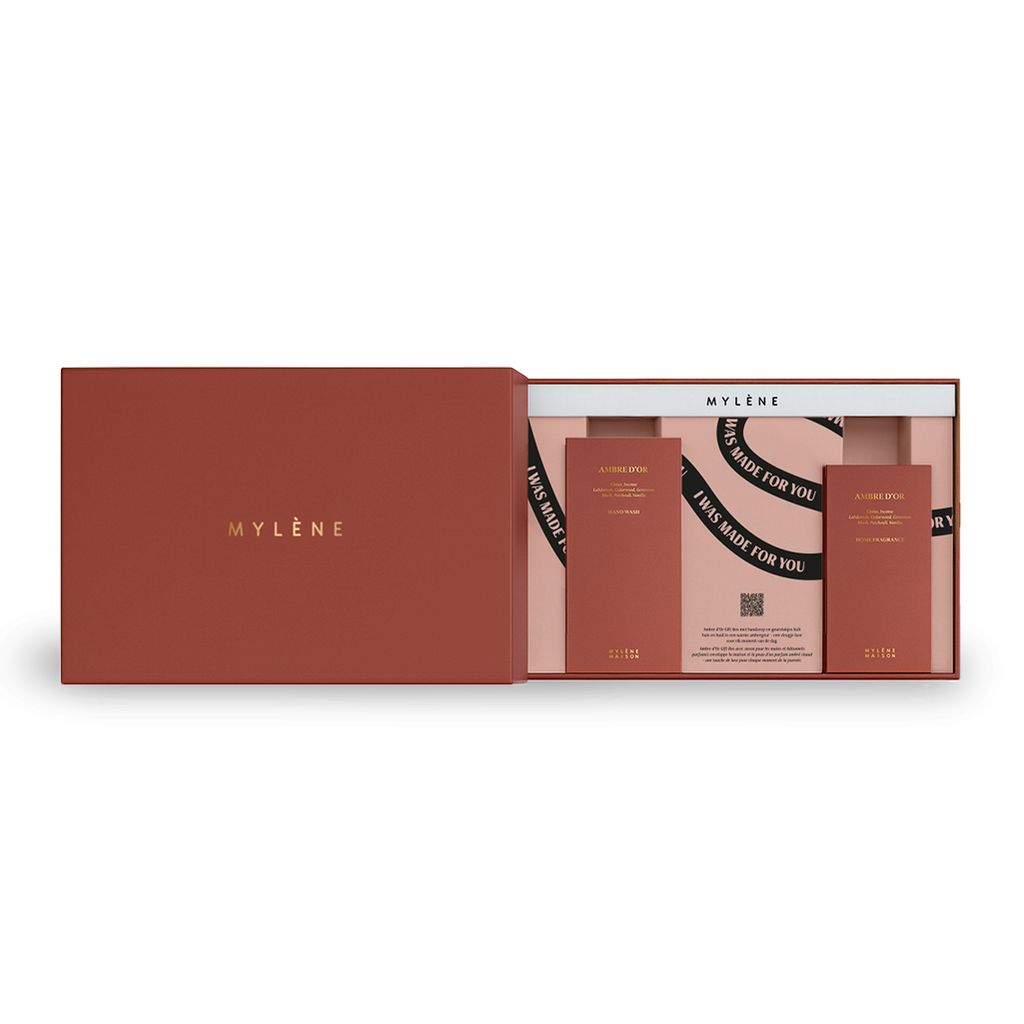 MYLÈNE Ambre dOr Gift Box – Room Fragrance & Hand Soap, warm amber scent, 2-piece set, 500 ml