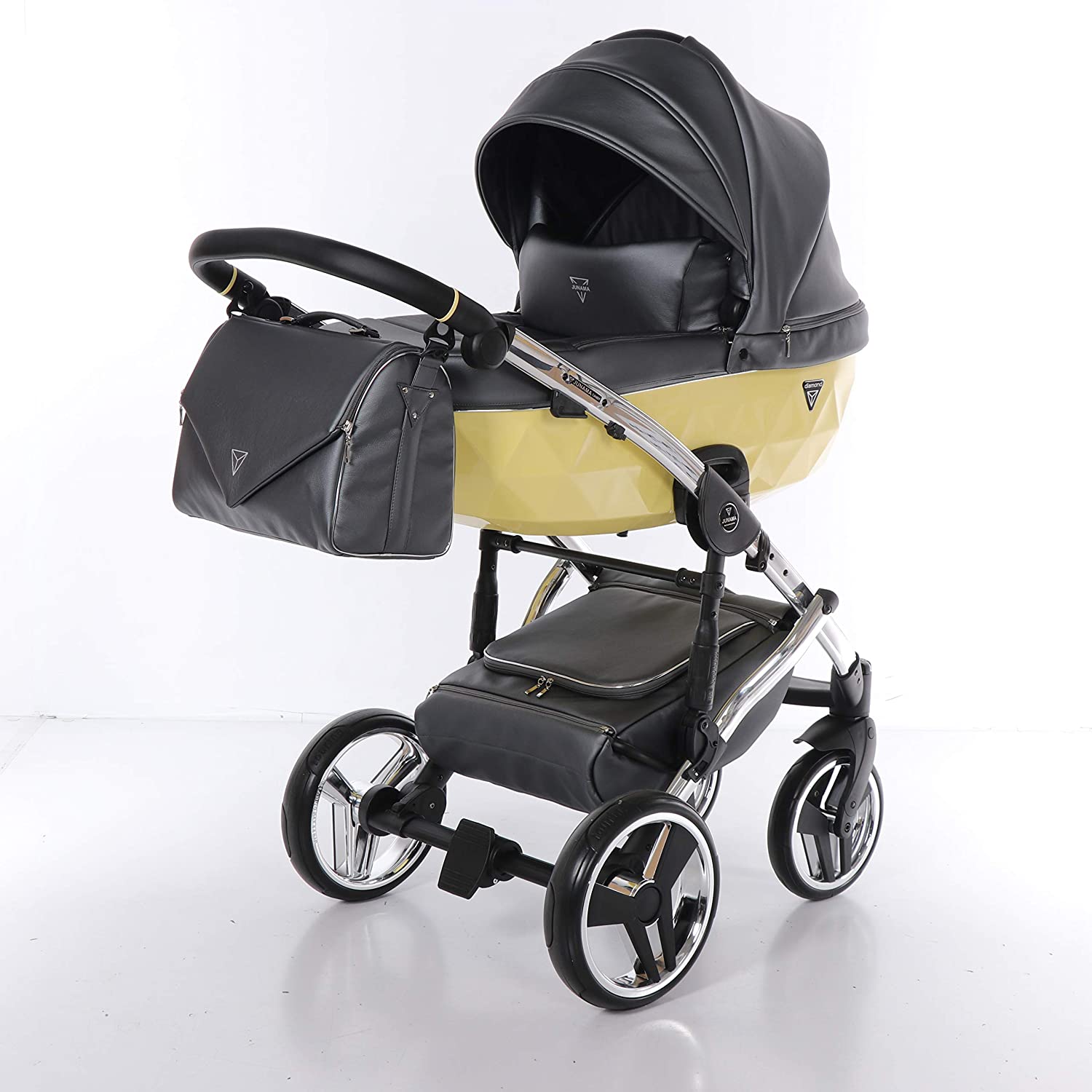 Combi Children\'s Pram Set JUNAMA CANDY Pushchair Buggy Baby Seat + Accessories (Junama Candy 05 Graphite Leather - Banana Yellow, 3-in-1)