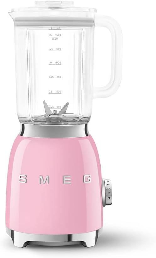 Smeg, BLF03PKEU, 1.5 L Stand Mixer, 4 Speed Levels, 4 Automatic Programmes, Removable Double Blade, Transparent Lid Opening with Dosing Cap, Non-Slip, 800W, Rose