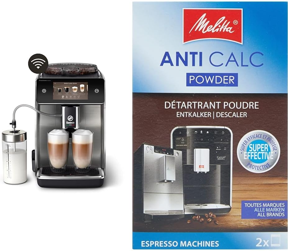 Philips Domestic Appliances Saeco granaroma deluxe fully automatic coffee machine-WLAN connectivity & melitta 178582 descaler coffee machine anti-calc espresso 2 powder bag each 40g (2x 40g), packaging can vary