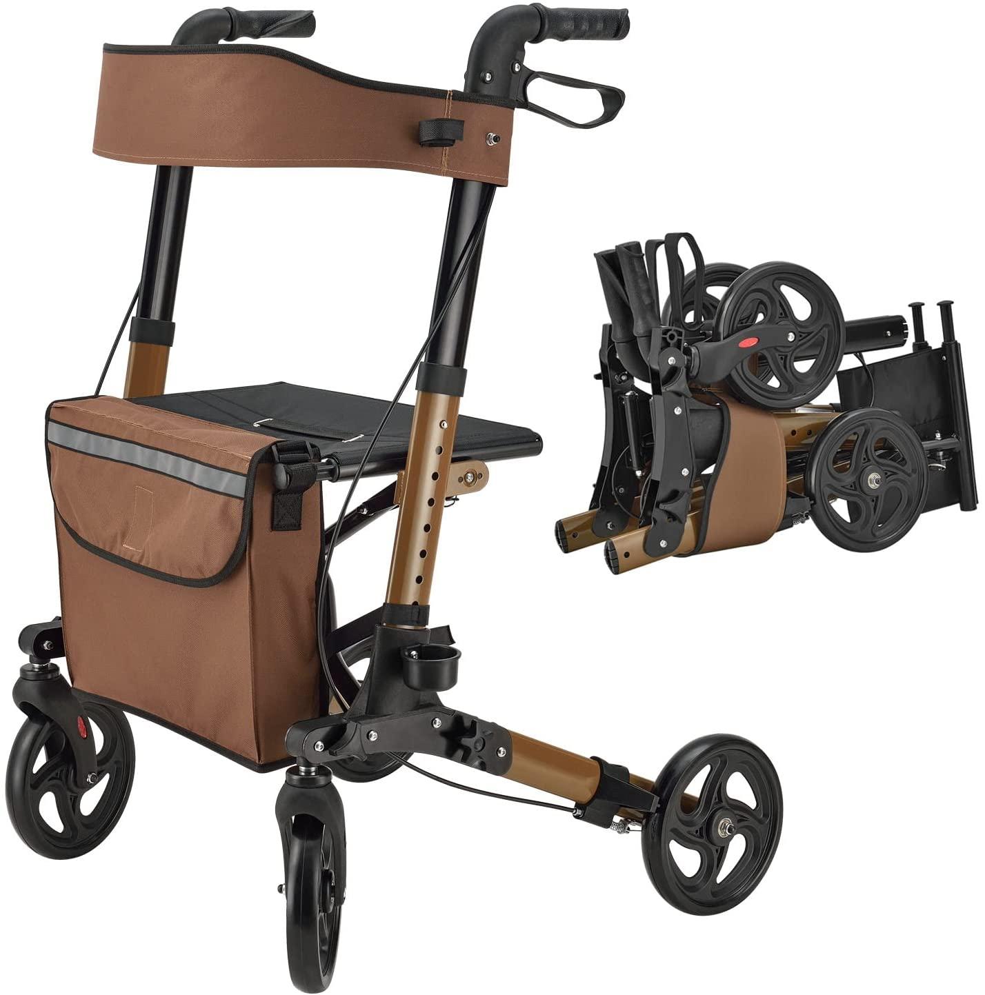 Juskys Vital Rollator Brown - Walking Aid Foldable & Lightweight Aluminium 