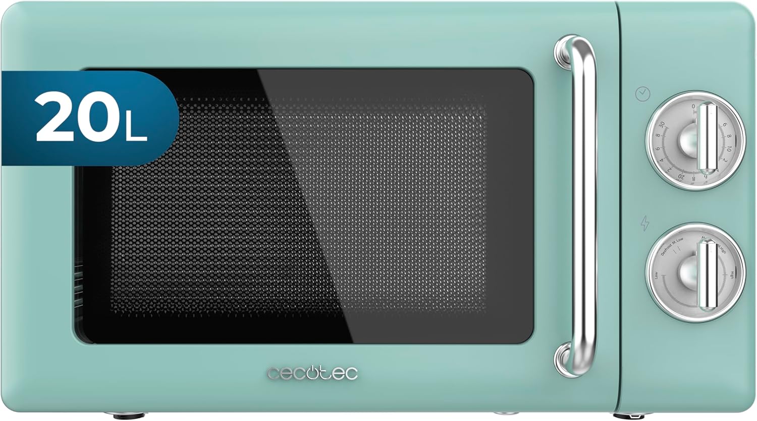 Cecotec Proclean 3010 Retro Green Mechanical Microwave 20L 700W 6 Levels Timer up to 30 Minutes Defrost Mode Vintage Green Design Steel Finish