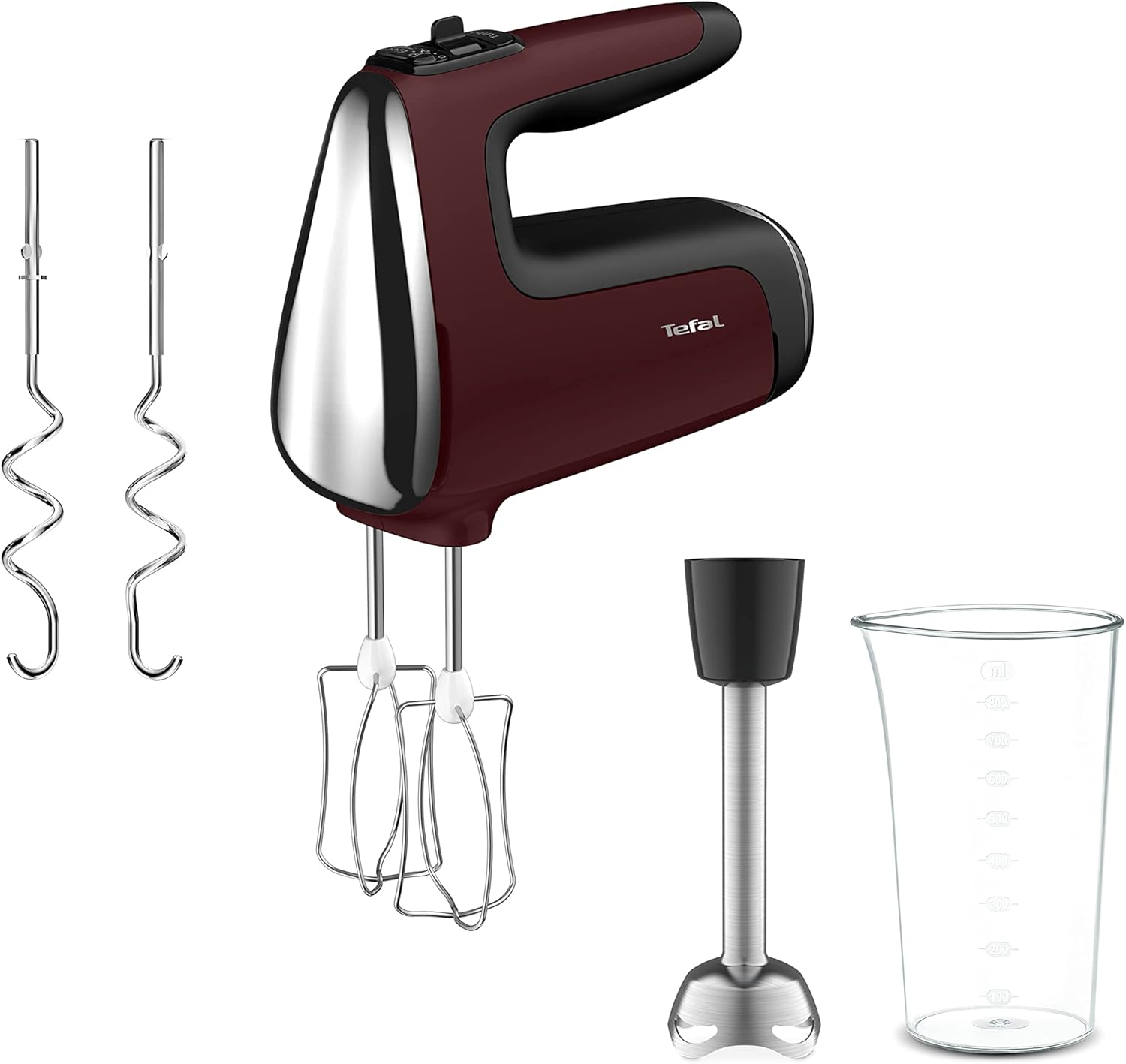 Tefal HT6525 Powermix Silence Hand Mixer, 600 W Power, Open Handle, Speed ​​Levels + Turbo Function, 2 Whisks + 2 Stainless Steel Dough Hooks, Hand Blender Attachment Made of Stainless Steel, Red