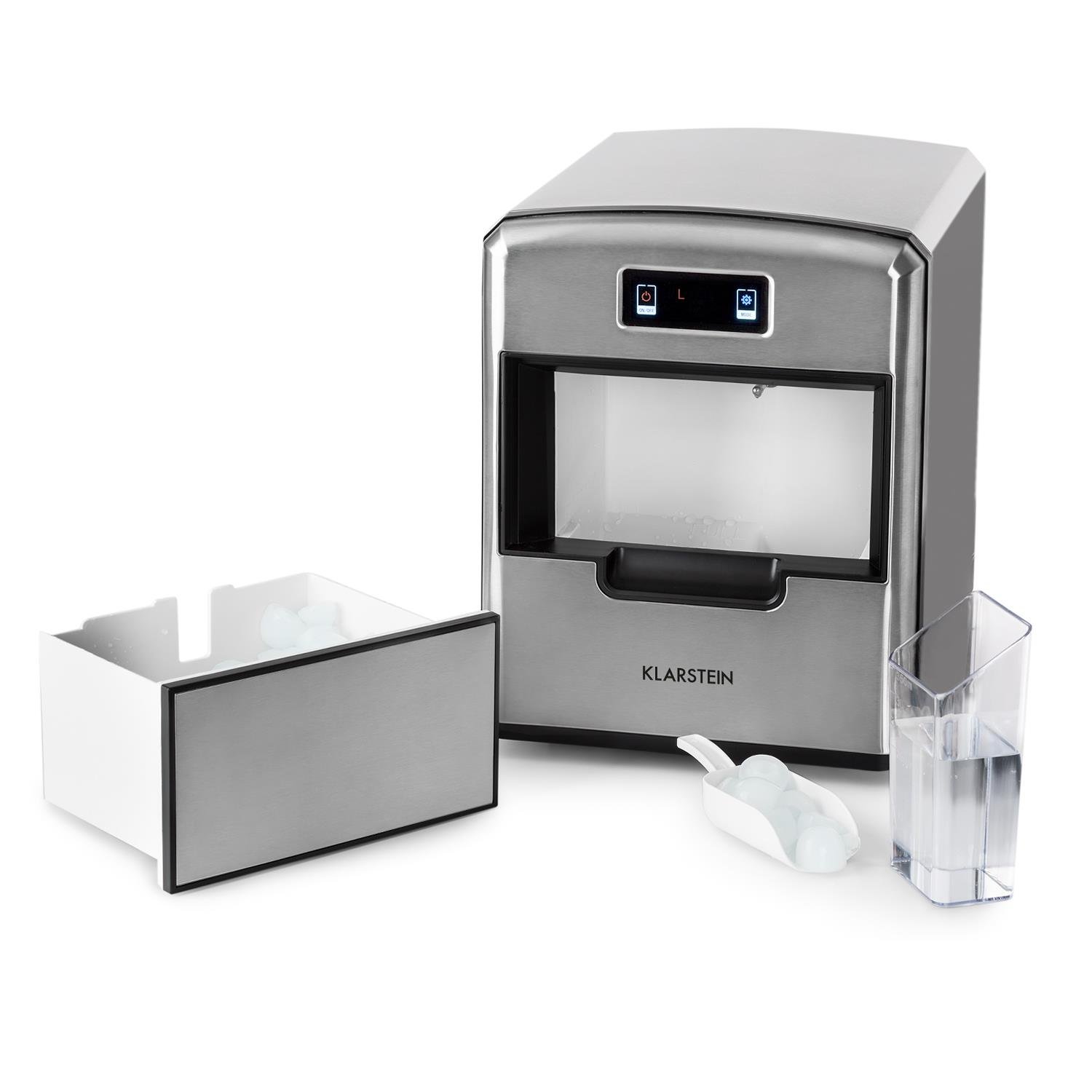 Klarstein Metropolitan Ice Cube Tray, Ice Cube Maker, Digital Display, 12 kg Ice Cubes in 24 Hours, 180 Watts, 3 Cube Sizes, Water and Ice Level Display, Silver