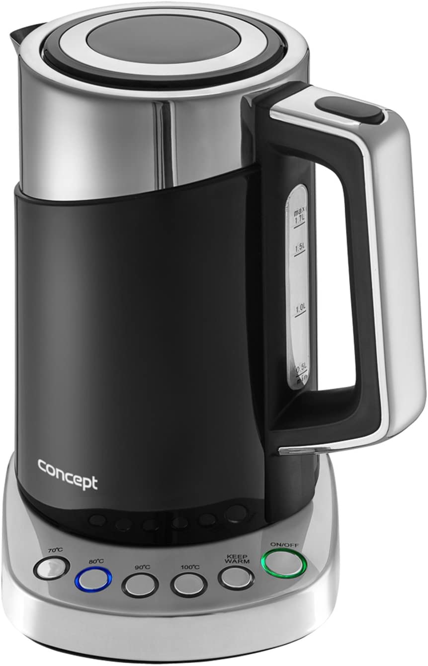 CONCEPT Hausgeräte Concept RK3171 Kettle with Temperature Setting, Cool Touch, Stainless Steel, 1.7 L, Black, 2200 W, Anti-Limescale Filter, Keep Warm, Stainless Steel, 1.7 Litres