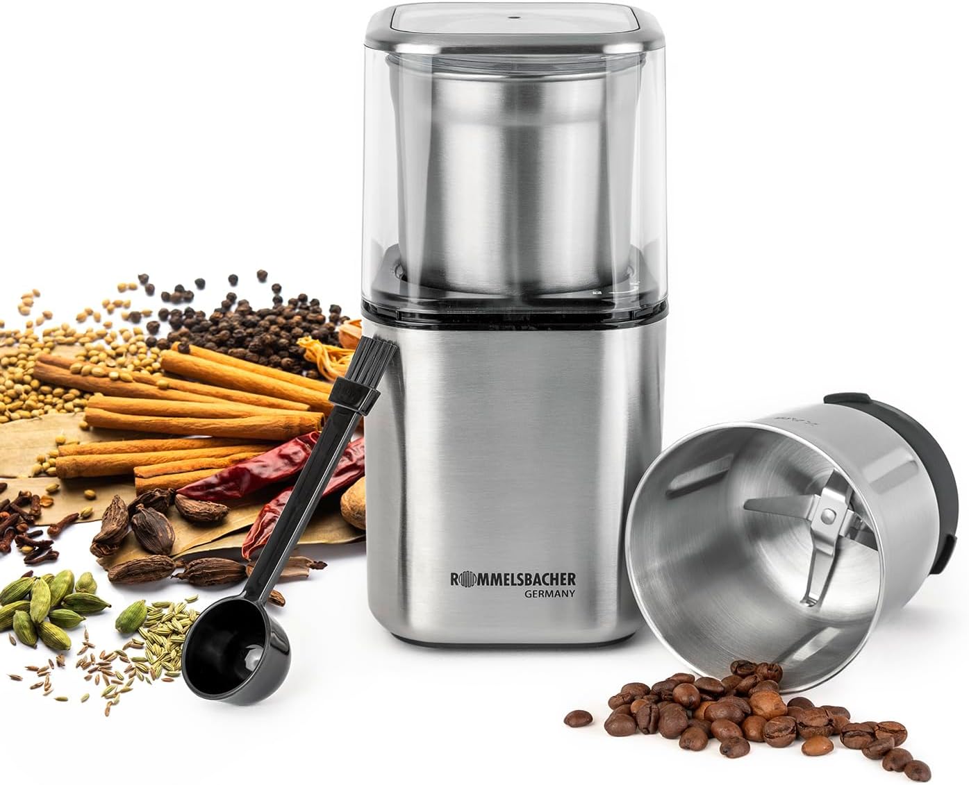 ROMMELSBACHER Spice and Coffee Mill EGK 200, 2 Stainless Steel Containers with Beating Knife and Special Knife, Capacity 70 g, Grinding Degree Selectable Over Grinding Time, Also for Pesto, Spices, Nuts, Sugar, 200 Watt