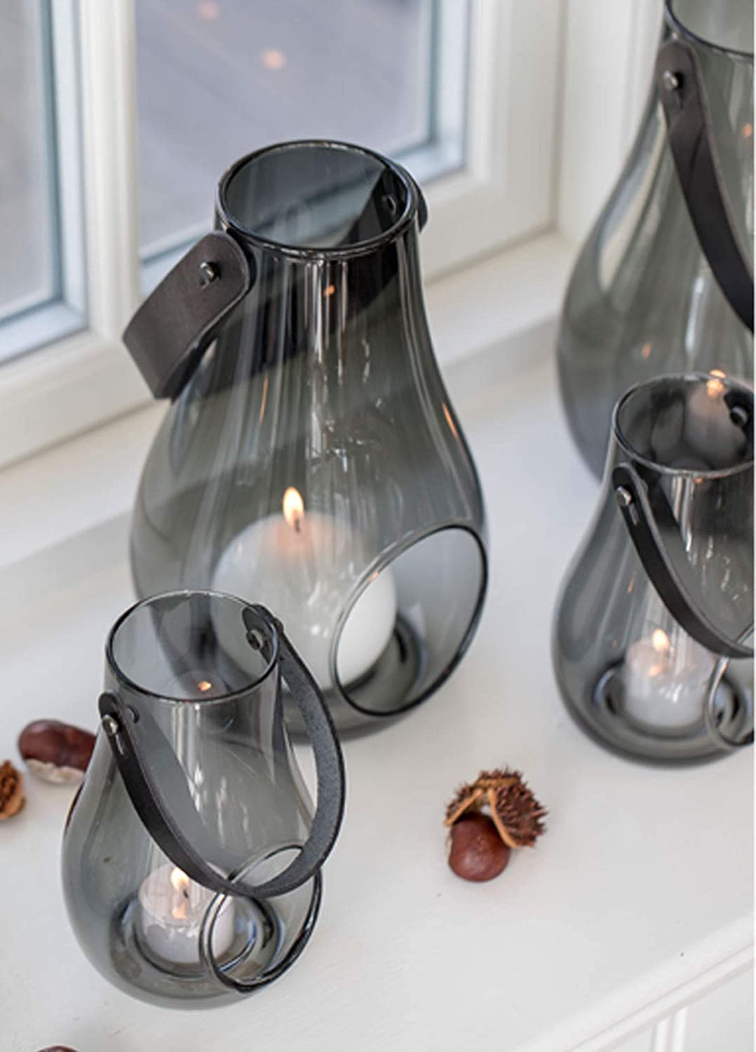 Holmegaard Design Candle Light Lantern, Glass Lantern with Core Leather Handle, Decorative Lanterns for Indoor and Outdoor Use, Smoke, 25 cm