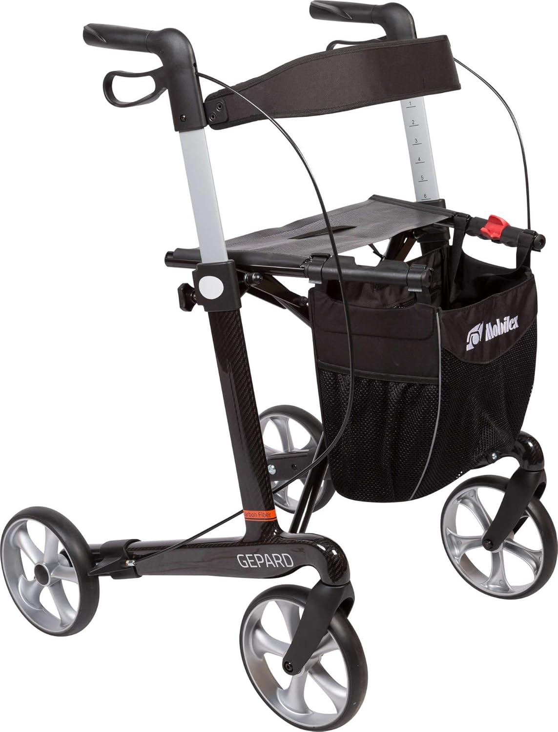 FabaCare Gepard 312402 Premium Rollator Set, Carbon Fibre, Foldable, with Full Equipment, Bag, Back Strap, Stick Holder, Seat, Carbon Rollator up to 150 kg, Seat Height 55 cm