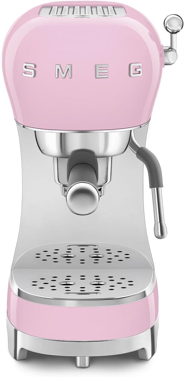 Smeg, ECF02PKEU Espresso Coffee Machine, Cappuccino Steam Function, Thermoblock, Large Cup Housing and Double Coffee Function, 1 L Water Tank, User-friendly Operating System, 1350 W, Pink