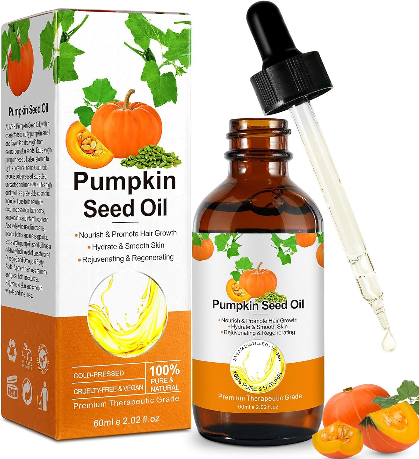 Pumpkin Seed Oil for Hair Pumpkin Seed Oil Hair 60 ml, 100% Pure Organic Pumpkin Seed Oil, Cold Pressed Aromatherapy Massage Oil, Repair of Damaged Hair for Men and Women