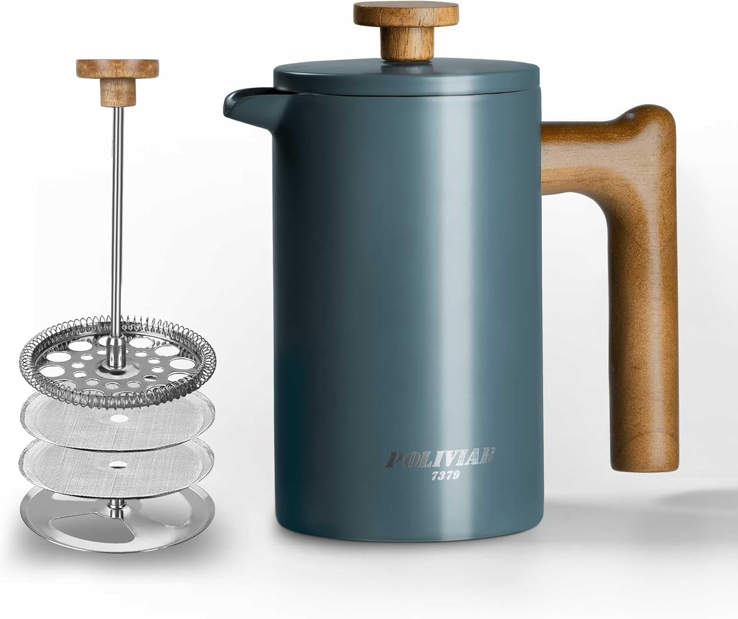 Poliviar JX2024-SFPU-DE French Press Coffee Maker 600 ml/21 oz, Double-Walled Insulated Coffee Pot and Tea Maker, Hand Filter Coffee Press with Plunger & Wooden Handle, Blue