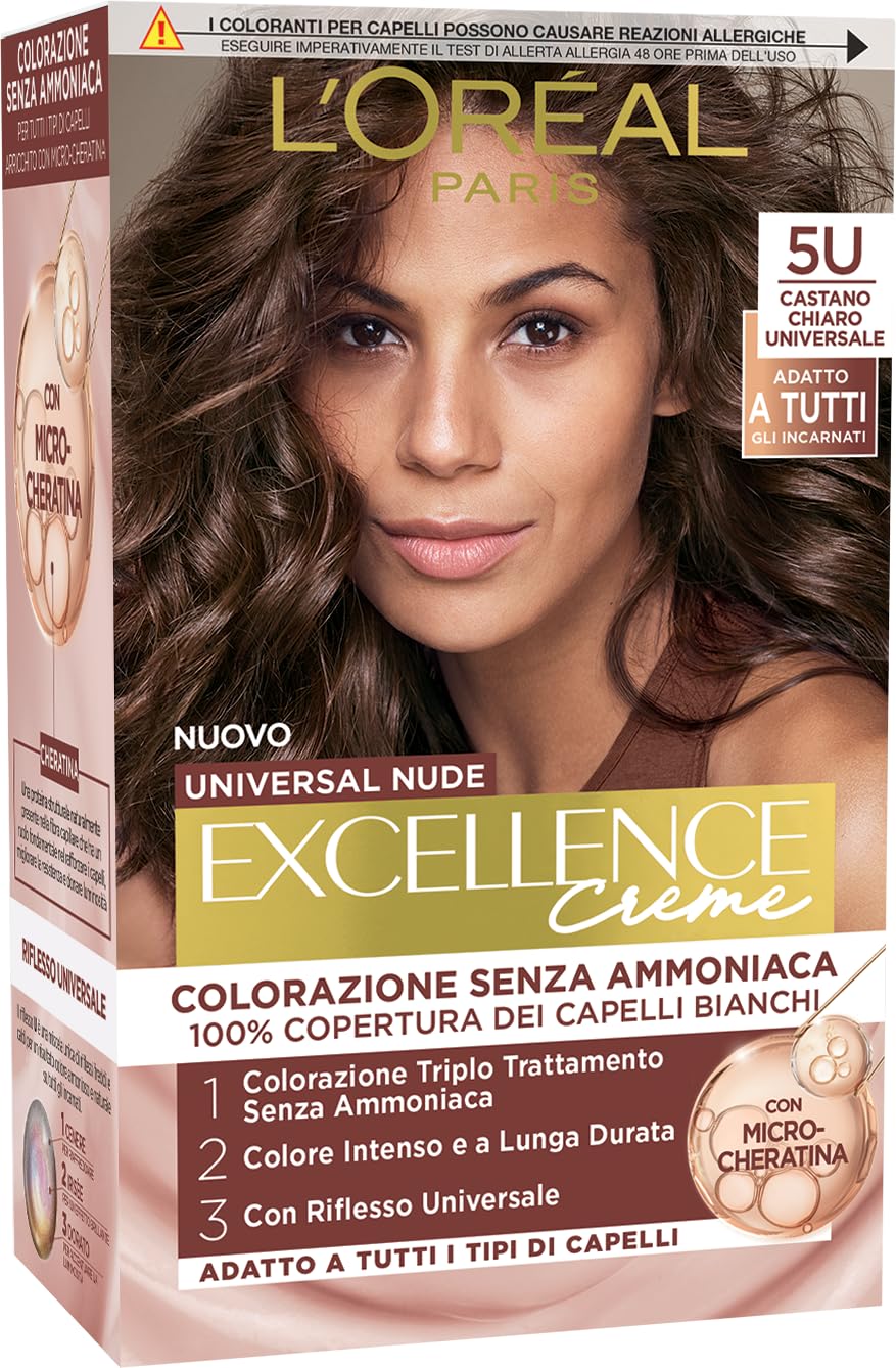 L\'Oréal Paris Permanent Coloration, Long Lasting Coverage of White Hair, Natural and Shiny Results, Ammonia Free Formula, Excellence Universal Nude, Light Brown (5U) 268gm