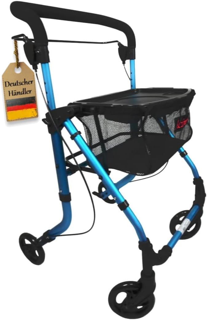 FabaCare ActimoHome Indoor Rollator Slim with Tray, Lightweight Home Rollator, Foldable, up to 100 kg, Blue
